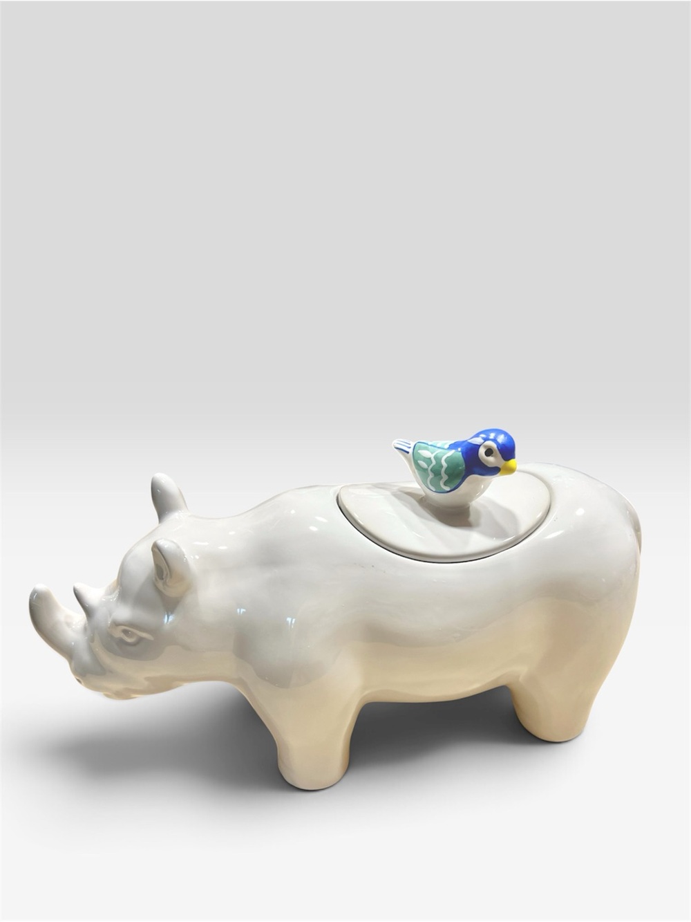 Opalhouse Ceramic White Rhino And Bird Cookie Jar Trinket Box